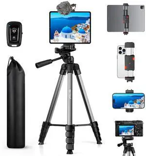 67" Tripod Stand for iPad iPhone Tablet Camera with 2 in 1 Mount & Wireless Remote, Aluminum Extendable Phone Tripod for Video Recording/Selfies/Live Stream/Vlogging (Grey) 67" Tripod Stand for iPad iPhone Tablet Camera with 2 in 1 Mount & Wireless Remote, Aluminum Extendable Phone Tripod for Video Recording/Selfies/Live Stream/Vlogging (Grey)