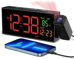 Projection Clock for Bedroom Ceiling, Alarm Clocks with 180° Rotatable Projector, Date Temperature and Weekday, Manual DST, 5 Brightness, 10 Ringtones, 4 Volumes and Snooze Projection Clock for Bedroom Ceiling, Alarm Clocks with 180° Rotatable Projector, Date Temperature and Weekday, Manual DST, 5 Brightness, 10 Ringtones, 4 Volumes and Snooze