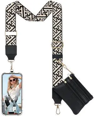 Clip and Go Phone Strap Crossbody with Leather Wallet, Adjustable Anti-Theft Lanyard with Zippered Pouch, Universal Cell Phone Neck Lanyard for Most Smartphone Cases, Black Striped Clip and Go Phone Strap Crossbody with Leather Wallet, Adjustable Anti-Theft Lanyard with Zippered Pouch, Universal Cell Phone Neck Lanyard for Most Smartphone Cases, Black Striped