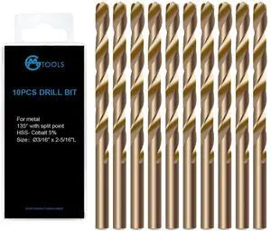 3/16 inch Cobalt Drill Bits, M35 HSS, 135 Degree Tip, Jobber Length Twist Drill Bit Set for Hard Metal, Stainless Steel, Cast Iron, Wood and Plastic, with Storage Case, Pack of 10 3/16 inch Cobalt Drill Bits, M35 HSS, 135 Degree Tip, Jobber Length Twist Drill Bit Set for Hard Metal, Stainless Steel, Cast Iron, Wood and Plastic, with Storage Case, Pack of 10