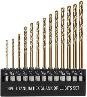 13 PCS Titanium Coated Hex Shank Drill Bit Set, HSS Twist Drill Bit Sets, Impact Driver Drill Bits for Wood, Steel, Metal, Plastic, Quick Change Design (1/16-1/4) 13 PCS Titanium Coated Hex Shank Drill Bit Set, HSS Twist Drill Bit Sets, Impact Driver Drill Bits for Wood, Steel, Metal, Plastic, Quick Change Design (1/16-1/4)