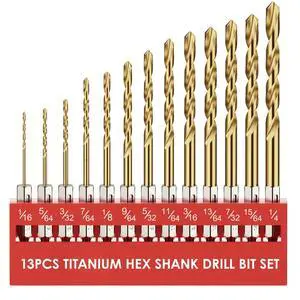 Hex Shank Drill Bit Set, 13Pcs HSS Titanium Twist Drill Bit for Sheet Metal, Wood, Plastic, Quick Change Design (1/16" - 1/4") Hex Shank Drill Bit Set, 13Pcs HSS Titanium Twist Drill Bit for Sheet Metal, Wood, Plastic, Quick Change Design (1/16" - 1/4")
