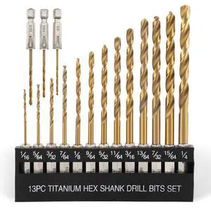 Titanium Twist Drill Bit Set - 16 Pcs Hex Shank High Speed Steel for Wood Plastic Aluminum Alloy, Quick Change, 1/16"-1/4" Titanium Twist Drill Bit Set - 16 Pcs Hex Shank High Speed Steel for Wood Plastic Aluminum Alloy, Quick Change, 1/16"-1/4"