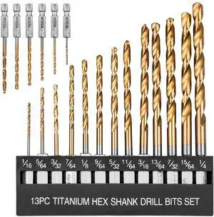 19 PCS Hex Shank Drill Bit Set, 1/16"-1/4" HSS Titanium Coated Twist Bits for Metal Wood Plastic, 4241 High Speed Steel Small Quick Change Drill Bits with Holder 19 PCS Hex Shank Drill Bit Set, 1/16"-1/4" HSS Titanium Coated Twist Bits for Metal Wood Plastic, 4241 High Speed Steel Small Quick Change Drill Bits with Holder