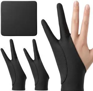 2 Pcs Black Drawing Glove 2-Fingers 3-Layer Digital Painting Glove for Right Left Hand for Drawing Tablet, Pad, Paper Sketching, with 1 Cleaning Cloth (8 x 3.5'') 2 Pcs Black Drawing Glove 2-Fingers 3-Layer Digital Painting Glove for Right Left Hand for Drawing Tablet, Pad, Paper Sketching, with 1 Cleaning Cloth (8 x 3.5'')