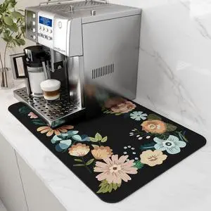 Coffee Mat Hide Stain Rubber Backed Absorbent Dish Drying Mat for Kitchen Counter - Bar Accessories Fit Under Coffee Maker, Espresso Machine, Dish Rack - Floral Black 12x19 Coffee Mat Hide Stain Rubber Backed Absorbent Dish Drying Mat for Kitchen Counter - Bar Accessories Fit Under Coffee Maker, Espresso Machine, Dish Rack - Floral Black 12x19