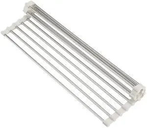 Roll Up Dish Drying Rack, Over Sink Multipurpose Rack, 17.6" x 9.3" Stainless Steel Foldable Dish Drainer, White Roll Up Dish Drying Rack, Over Sink Multipurpose Rack, 17.6" x 9.3" Stainless Steel Foldable Dish Drainer, White