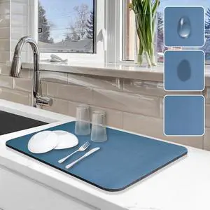 Dish Drying Mat for Kitchen Counter, 12"x19" Dish Drying Pad with Non-slip Rubber Backed, Hide Stain Anti Absorbent for Kitchen Counter, Drying Mat for Coffee Machine Dish Rack (Blue) Dish Drying Mat for Kitchen Counter, 12"x19" Dish Drying Pad with Non-slip Rubber Backed, Hide Stain Anti Absorbent for Kitchen Counter, Drying Mat for Coffee Machine Dish Rack (Blue)