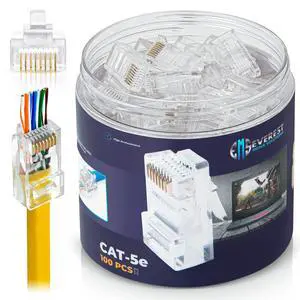 Cat5e RJ45 Pass Through Connector 100-Pack - EZ Cat 5e Pass Through RJ45 Connectors - Cat 5e Connectors - Ethernet Connector, Ethernet Plug - for Solid or Stranded UTP Network Cable Cat5e RJ45 Pass Through Connector 100-Pack - EZ Cat 5e Pass Through RJ45 Connectors - Cat 5e Connectors - Ethernet Connector, Ethernet Plug - for Solid or Stranded UTP Network Cable