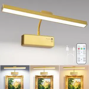 Picture Light for Wall, 15" Rechargeable Battery Operated LED Wall Sconce Painting Lighting with Remote, 3CCT Dimmable Magnetic Cordless Art Display Light for Gallery, Bedroom - Gold Picture Light for Wall, 15" Rechargeable Battery Operated LED Wall Sconce Painting Lighting with Remote, 3CCT Dimmable Magnetic Cordless Art Display Light for Gallery, Bedroom - Gold