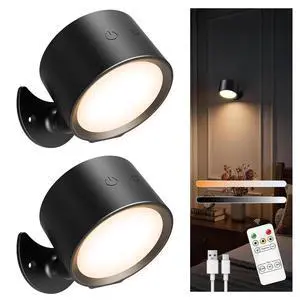 Battery Operated Wall Sconce, Remote Control, Wireless Rechargeable Mounted, 3 Color & 4 Brightness Level & 360°Rotate, Adhesive Lights for Wall Closet Hallway Reading (Black,Set of 2) Battery Operated Wall Sconce, Remote Control, Wireless Rechargeable Mounted, 3 Color & 4 Brightness Level & 360°Rotate, Adhesive Lights for Wall Closet Hallway Reading (Black,Set of 2)