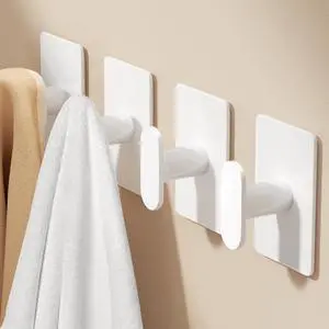 Adhesive Towel Hooks for Bathroom: 20LB Extra Strong Wall Hanger for Shower Kitchen RV Dorm Apartment, White 4 Pack Adhesive Towel Hooks for Bathroom: 20LB Extra Strong Wall Hanger for Shower Kitchen RV Dorm Apartment, White 4 Pack