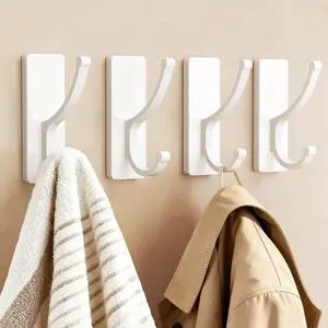Adhesive Wall Hooks with Strip - No Residue, Easy to Remove, Strong Heavy Duty Sticky Towel Hook, 4 Pack White Adhesive Wall Hooks with Strip - No Residue, Easy to Remove, Strong Heavy Duty Sticky Towel Hook, 4 Pack White