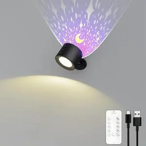 LED Wall Sconces with Remote, 3 Color Temps Rechargeable Wall Lights with Star Projection Light, 360°Rotation Dimmable Cordless Wall Mounted Lights LED Night Lights for Bedroom Kids Room (Black) LED Wall Sconces with Remote, 3 Color Temps Rechargeable Wall Lights with Star Projection Light, 360°Rotation Dimmable Cordless Wall Mounted Lights LED Night Lights for Bedroom Kids Room (Black)
