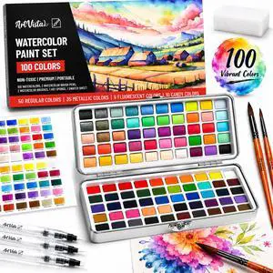 Watercolor Paint Set with 100 Bright Colors: for Adult Beginners & Professional with Metallic - Travel Sized Water Color Art Kit Palette Watercolor Paint Set with 100 Bright Colors: for Adult Beginners & Professional with Metallic - Travel Sized Water Color Art Kit Palette