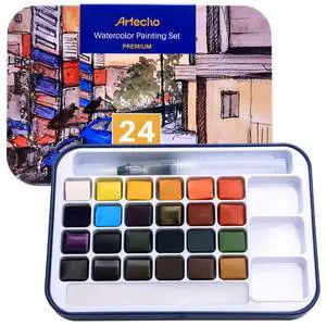 24 Colors Watercolor Paint Set, Portable Travel Tin Box with Brush 24 Colors Watercolor Paint Set, Portable Travel Tin Box with Brush