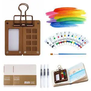 12 Colors Mini Pocket Watercolor Paint Set with Wooden Palette, 4 Brushes and 2 Sketchbooks, Compact Portable Travel Painting Kit for Artists, Sketching and Art Gifts 12 Colors Mini Pocket Watercolor Paint Set with Wooden Palette, 4 Brushes and 2 Sketchbooks, Compact Portable Travel Painting Kit for Artists, Sketching and Art Gifts
