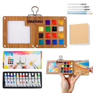 Watercolor Paint Set 12 Colors, 15-Compartment Mini Travel Watercolor Kit with 5 Brushes & Sketchbook, Portable Wooden Box with Color Storage Case for Plein Air & Urban Sketching Watercolor Paint Set 12 Colors, 15-Compartment Mini Travel Watercolor Kit with 5 Brushes & Sketchbook, Portable Wooden Box with Color Storage Case for Plein Air & Urban Sketching