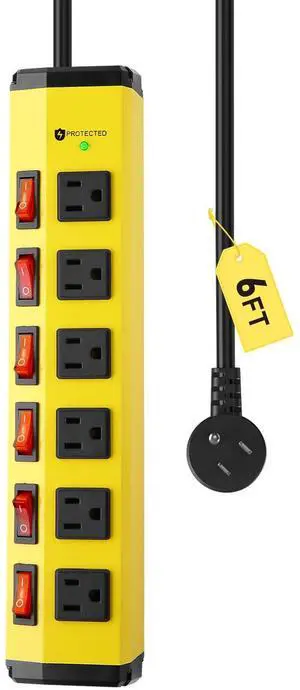 6 Outlet Heavy Duty Power Strip with Individual Switches,Metal Mountable Power Outlet-1200J Surge Protection,14AWG,6FT Flat Plug Extension Cord,15A 1875W 6 Outlet Heavy Duty Power Strip with Individual Switches,Metal Mountable Power Outlet-1200J Surge Protection,14AWG,6FT Flat Plug Extension Cord,15A 1875W