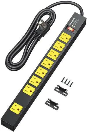 Industrial Power Strip 8 Wide-Spaced Outlet, Metal Workshop Power Strip, Surge Protector, Heavy Duty Extension Cord, SJTW 14/3C, 1875W, 15A Circuit Breaker for Garage Industrial Power Strip 8 Wide-Spaced Outlet, Metal Workshop Power Strip, Surge Protector, Heavy Duty Extension Cord, SJTW 14/3C, 1875W, 15A Circuit Breaker for Garage