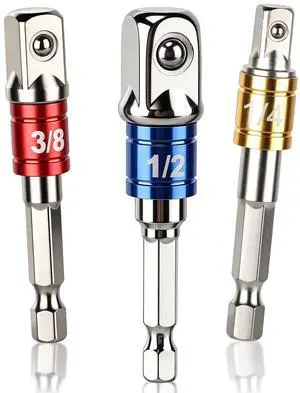 3-Piece Impact Grade Socket Adapter/Extension Set Turns Power Drill Into High Speed Nut Driver,1/4-Inch Hex Shank to Drive for Adapters to Use with Drill Chucks, Sizes 1/4" 3/8" 1/2"silvery 3-Piece Impact Grade Socket Adapter/Extension Set Turns Power Drill Into High Speed Nut Driver,1/4-Inch Hex Shank to Drive for Adapters to Use with Drill Chucks, Sizes 1/4" 3/8" 1/2"silvery