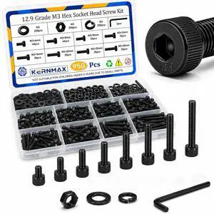 950PCS M3 Screws Assortment Kit, M3x6/8/10/12/16/20/25/30mm Hex Socket Head Cap Bolts Nuts Washers Set, 12.9 Alloy Steel Black Oxide M3 Metric Screw for 3D Printer, Electronic 950PCS M3 Screws Assortment Kit, M3x6/8/10/12/16/20/25/30mm Hex Socket Head Cap Bolts Nuts Washers Set, 12.9 Alloy Steel Black Oxide M3 Metric Screw for 3D Printer, Electronic