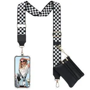 Clip and Go Phone Strap Crossbody with Leather Wallet, Adjustable Anti-Theft Phone Lanyard with Zippered Pouch, Universal Cell Phone Neck Lanyard for All Phone Cases, Checkered Black & White Clip and Go Phone Strap Crossbody with Leather Wallet, Adjustable Anti-Theft Phone Lanyard with Zippered Pouch, Universal Cell Phone Neck Lanyard for All Phone Cases, Checkered Black & White