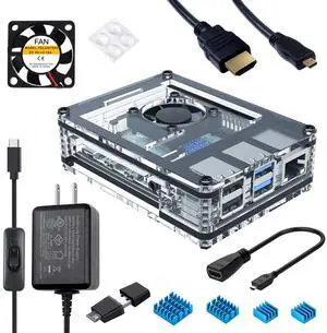 Case for Raspberry Pi 4 with Fan, USB-C Power Supply, Micro HDMI Cable, HDMI Adapter, Aluminum Heat Sinks, USB Card Reader Case for Raspberry Pi 4 with Fan, USB-C Power Supply, Micro HDMI Cable, HDMI Adapter, Aluminum Heat Sinks, USB Card Reader