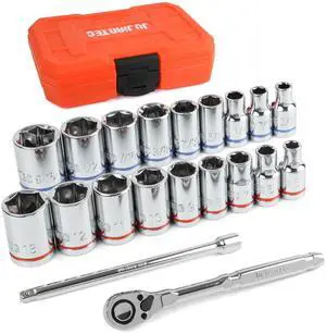 20-Piece 1/4" Drive Shallow Socket Set, SAE/Metric (3/16"-9/16" & 5mm-13mm) with Ratchet & Extension Bar, Premium Chrome Vanadium Steel, 6-Point, with Molded Case 20-Piece 1/4" Drive Shallow Socket Set, SAE/Metric (3/16"-9/16" & 5mm-13mm) with Ratchet & Extension Bar, Premium Chrome Vanadium Steel, 6-Point, with Molded Case