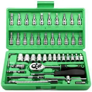 46 Pieces 1/4 inch Drive Socket Ratchet Wrench Set, with Bit Socket Set Metric and Extension Bar for Auto Repairing and Household, with Green Storage Case 46 Pieces 1/4 inch Drive Socket Ratchet Wrench Set, with Bit Socket Set Metric and Extension Bar for Auto Repairing and Household, with Green Storage Case