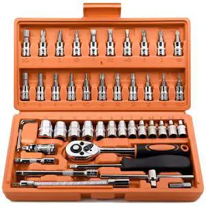 46 Pieces 1/4 inch Drive Socket Ratchet Wrench Set, with Bit Socket Set Metric and Extension Bar for Auto Repairing and Household, with Orange Storage Case 46 Pieces 1/4 inch Drive Socket Ratchet Wrench Set, with Bit Socket Set Metric and Extension Bar for Auto Repairing and Household, with Orange Storage Case