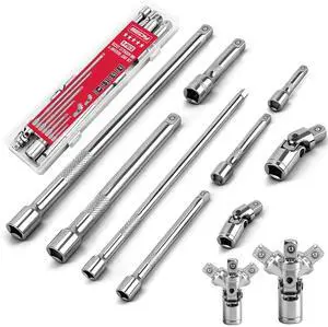 9-Piece Socket Extension Bar Set, 1/4" & 3/8" Drive Ratchet Extensions 2", 3", 4", 6", 8" & 10" with Universal Joints, CR-V Steel for Tight Spaces 9-Piece Socket Extension Bar Set, 1/4" & 3/8" Drive Ratchet Extensions 2", 3", 4", 6", 8" & 10" with Universal Joints, CR-V Steel for Tight Spaces