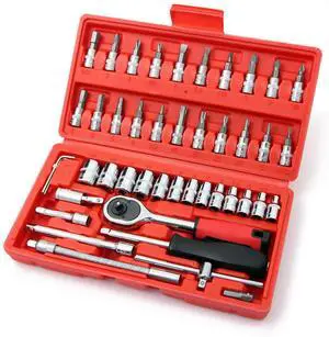 46 Pieces Mechanic Tool Kit 1/4 Dr. Ratchet Socket Wrench Set with Storage Case, Includes Bit Sockets and Extension Bar 46 Pieces Mechanic Tool Kit 1/4 Dr. Ratchet Socket Wrench Set with Storage Case, Includes Bit Sockets and Extension Bar