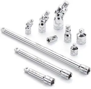 Socket Accessory Set, 10 pcs, Silver, 3/8" Extension Set, 1/4", 3/8" & 1/2" Drive Universal Joints & Socket Adapter Set, 3/8 Extension Set Socket Accessory Set, 10 pcs, Silver, 3/8" Extension Set, 1/4", 3/8" & 1/2" Drive Universal Joints & Socket Adapter Set, 3/8 Extension Set