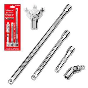 4-Piece 3/8" Drive Socket Extension Bar Set, Professional Socket Extension Set Include 3, 6, and 10 Inch Extensions and 3/8 Inch drive Universal Joint Sockets, Premium Cr-V Steel Construction 4-Piece 3/8" Drive Socket Extension Bar Set, Professional Socket Extension Set Include 3, 6, and 10 Inch Extensions and 3/8 Inch drive Universal Joint Sockets, Premium Cr-V Steel Construction