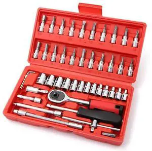 46 Pcs 1/4 Drive Socket Ratchet Wrench Set with Storage Case, Includes Metric Bit Socket Set and Extension Bar for Auto Repair and Home Maintenance 46 Pcs 1/4 Drive Socket Ratchet Wrench Set with Storage Case, Includes Metric Bit Socket Set and Extension Bar for Auto Repair and Home Maintenance