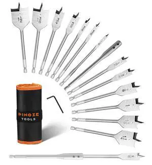 14-Piece Spade Drill Bit Sets with 6 Extension, Paddle Flat Bit for Hole Cutter Woodworking, 1/4" to 1-1/2", Quick Change 1/4 inch Hex Shank, Nylon Storage Pouch Included 14-Piece Spade Drill Bit Sets with 6 Extension, Paddle Flat Bit for Hole Cutter Woodworking, 1/4" to 1-1/2", Quick Change 1/4 inch Hex Shank, Nylon Storage Pouch Included