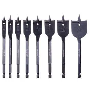 8-Piece Spade Drill Bit Set, 6" Titanium Carbide Coated Paddle Flat Bits with 1/4" Hex Shank for Wood Boring, SAE Sizes 3/8" to 1-1/2" in Storage Case 8-Piece Spade Drill Bit Set, 6" Titanium Carbide Coated Paddle Flat Bits with 1/4" Hex Shank for Wood Boring, SAE Sizes 3/8" to 1-1/2" in Storage Case