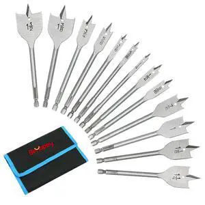 13PCS Spade Drill Bit Set in SAE, Alloy Steel Paddle Flat Bit with Quick Change Shank, Flat Wood Hole Cutter Fit for Woodworking, Assorted Bits with Nylon Storage Pouch, 1/4" to 1-1/2" 13PCS Spade Drill Bit Set in SAE, Alloy Steel Paddle Flat Bit with Quick Change Shank, Flat Wood Hole Cutter Fit for Woodworking, Assorted Bits with Nylon Storage Pouch, 1/4" to 1-1/2"