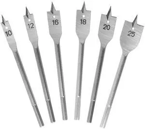 6-Piece Spade Drill Bit Set Carbon Steel Paddle Bits with 1/4" Hex Shank Fast Drilling for Wood, Plywood, Particle Board & Fiberboard (10mm-25mm) 6-Piece Spade Drill Bit Set Carbon Steel Paddle Bits with 1/4" Hex Shank Fast Drilling for Wood, Plywood, Particle Board & Fiberboard (10mm-25mm)
