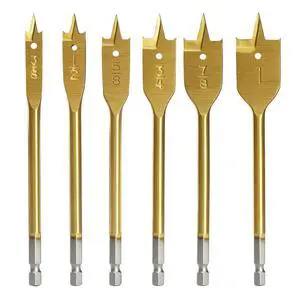Spade Drill Bit Set- Paddle Flat Bits, Hole Cutter, Titanium Coating, Carbon Steel, Woodworking, 6-Pieces, 3/8"-1" Spade Drill Bit Set- Paddle Flat Bits, Hole Cutter, Titanium Coating, Carbon Steel, Woodworking, 6-Pieces, 3/8"-1"