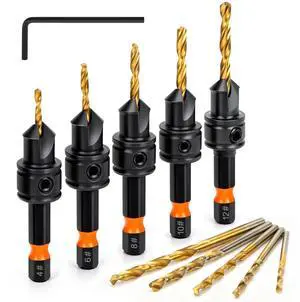 Countersink Drill Bit Set, 11pcs Countersink Drill Bits#4, #6, #8, #10, #12, Titanium Coated 1/4 Inch Hex Shank, Adjustable Depth Pilot Hole Drill Bits, Countersink Drill Bit for Wood Countersink Drill Bit Set, 11pcs Countersink Drill Bits#4, #6, #8, #10, #12, Titanium Coated 1/4 Inch Hex Shank, Adjustable Depth Pilot Hole Drill Bits, Countersink Drill Bit for Wood