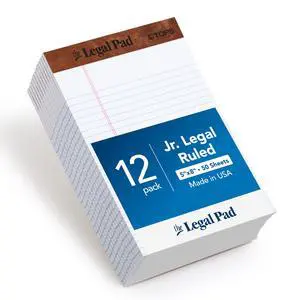 Legal Pads, 12 Pack, 50 Jr. Legal Ruled 5" x 8" Sheets, Bright White Paper with Firm Back, Small Portable Notepads, Proudly Made in the USA Legal Pads, 12 Pack, 50 Jr. Legal Ruled 5" x 8" Sheets, Bright White Paper with Firm Back, Small Portable Notepads, Proudly Made in the USA