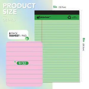 Colored Legal Pads - 5"x8" Narrow Ruled, 50 Sheets/Pad (8 Pads), Recycled Paper Writing Pad with Sturdy Back, Small Size for Easy Organization and Portability, KSU-6887 Colored Legal Pads - 5"x8" Narrow Ruled, 50 Sheets/Pad (8 Pads), Recycled Paper Writing Pad with Sturdy Back, Small Size for Easy Organization and Portability, KSU-6887