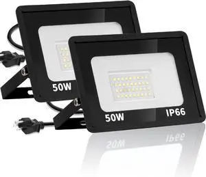 50W LED Flood Light 2 Pack IP66 Waterproof Exterior Security Outdoor Flood Light with Plug Floodlights for Playground, Yard, Stadium, Lawn, Garage, Aisle, 6000K Daylight 50W LED Flood Light 2 Pack IP66 Waterproof Exterior Security Outdoor Flood Light with Plug Floodlights for Playground, Yard, Stadium, Lawn, Garage, Aisle, 6000K Daylight