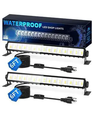 IP66 Waterproof 45W LED Shop Lights, 5400LM 6000K Daylight White Garage Light with 6FT Power Cord & Switch, Plug in LED Work Light for Garage Workbench Workshop Warehouses Basement Yard 2 Pack IP66 Waterproof 45W LED Shop Lights, 5400LM 6000K Daylight White Garage Light with 6FT Power Cord & Switch, Plug in LED Work Light for Garage Workbench Workshop Warehouses Basement Yard 2 Pack