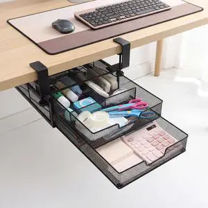 Under Desk Drawer Organizer Slide Out, 2-Tier Metal Under Table Storage Drawers Clamp On for Home Office, Black, No Drilling Under Desk Drawer Organizer Slide Out, 2-Tier Metal Under Table Storage Drawers Clamp On for Home Office, Black, No Drilling