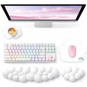 Cloud Wrist Rest for Computer Keyboard, 4-in-1 Memory Foam Leather Cloud Keyboard Wrist Rest and Mouse Pad Set with Ergonomic Support for Arm and Palm Cushion, Gaming/Work Setup, White Cloud Wrist Rest for Computer Keyboard, 4-in-1 Memory Foam Leather Cloud Keyboard Wrist Rest and Mouse Pad Set with Ergonomic Support for Arm and Palm Cushion, Gaming/Work Setup, White