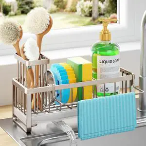 Sponge Holder for Kitchen Sink - Self-draining Sink Caddy with Brush Holder and Dishcloth Holder, Stainless Steel Kitchen Organizer for Countertop - Brushed Nickel Sponge Holder for Kitchen Sink - Self-draining Sink Caddy with Brush Holder and Dishcloth Holder, Stainless Steel Kitchen Organizer for Countertop - Brushed Nickel