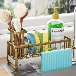 Sponge Holder for Kitchen Sink - Self-draining Sink Caddy with Brush and Dishcloth Holders, Stainless Steel Kitchen Countertop Organizers and Storage Essentials - Dark Gold Sponge Holder for Kitchen Sink - Self-draining Sink Caddy with Brush and Dishcloth Holders, Stainless Steel Kitchen Countertop Organizers and Storage Essentials - Dark Gold